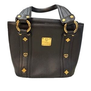 Vintage MCM Munchen Black Pebbled Leather Mini Tote with Gold-Tone Hardware